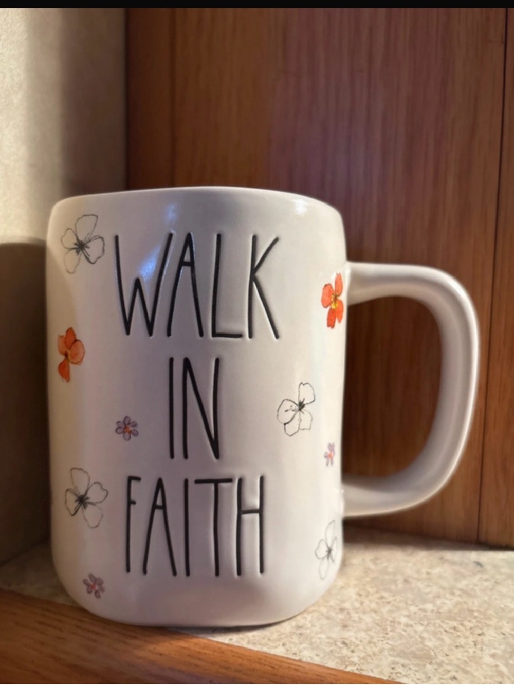 Rae Dunn Walk In Faith White Ceramic Mug with Floral Accents